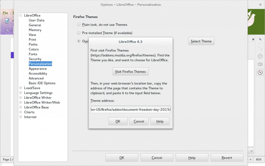 Screenshot of LibreOffice setting up a new theme