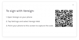 Screenshot of a dialog window requesting the user to scan a qrcode with vereign app