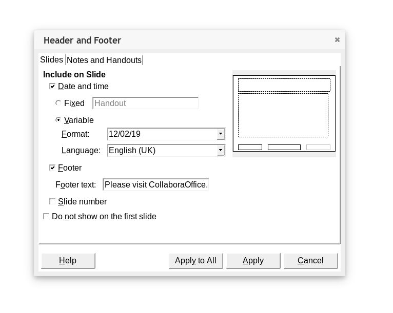 Screenshot of Header and Footer dialogue box from Impress