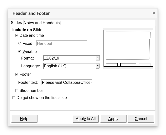 animated Screenshot of Header and Footer dialogue box from Impress