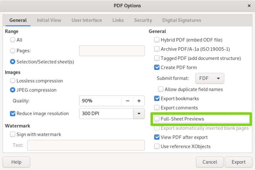 Full-Sheet Previews option on the PDF Export Dialog