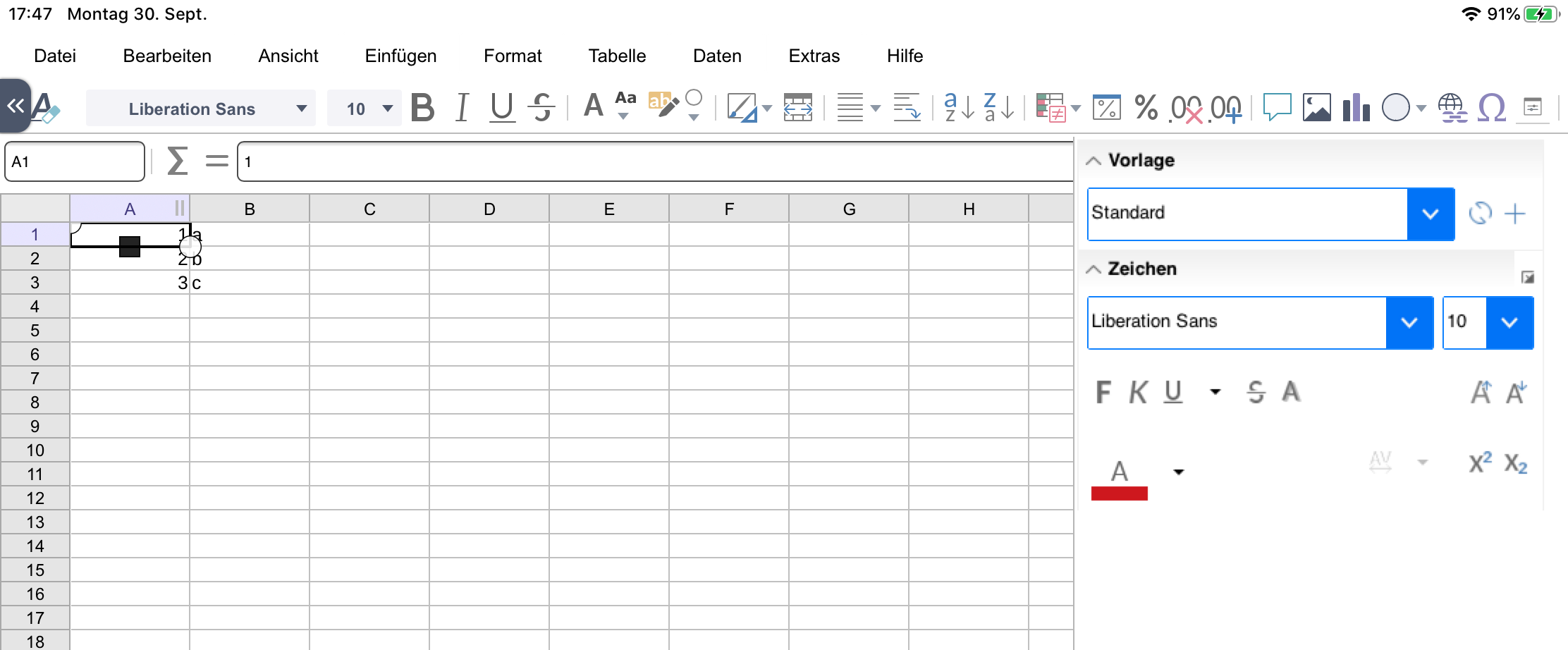 Selection of cells in a spreadsheet