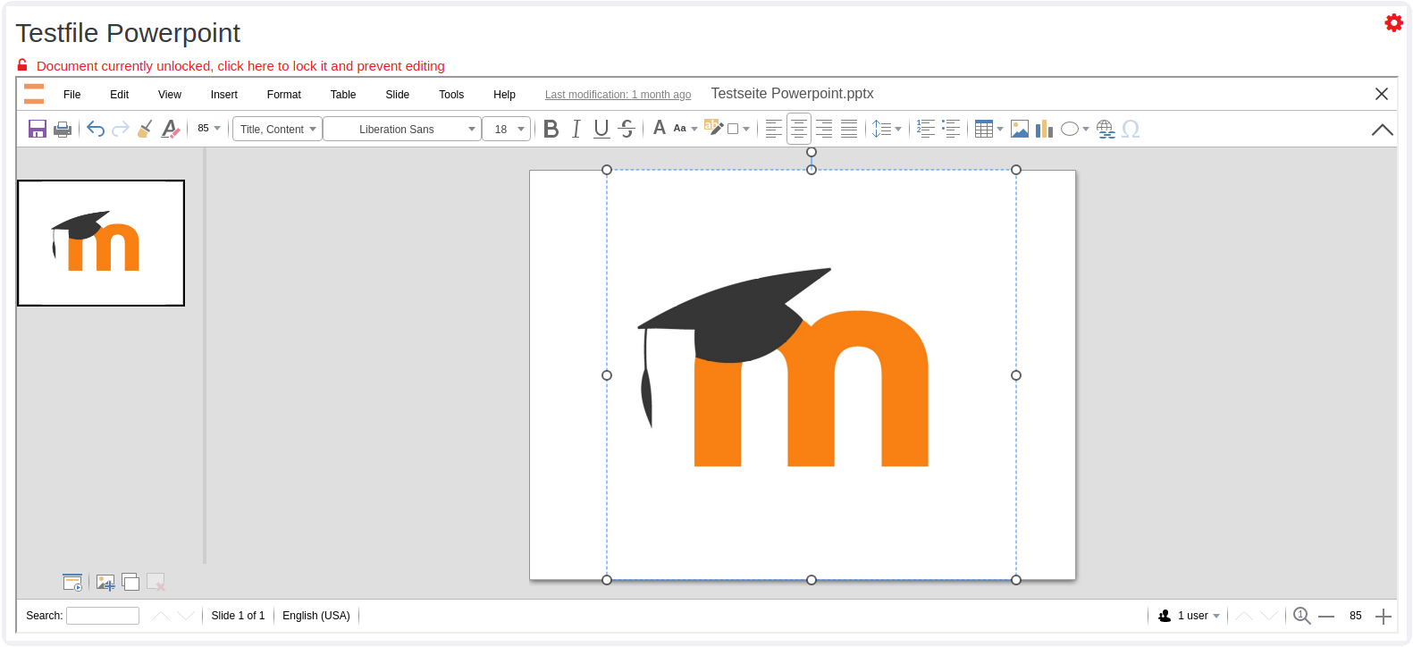 Collabora Online plugin for Moodle - editing a Powerpoint presentation