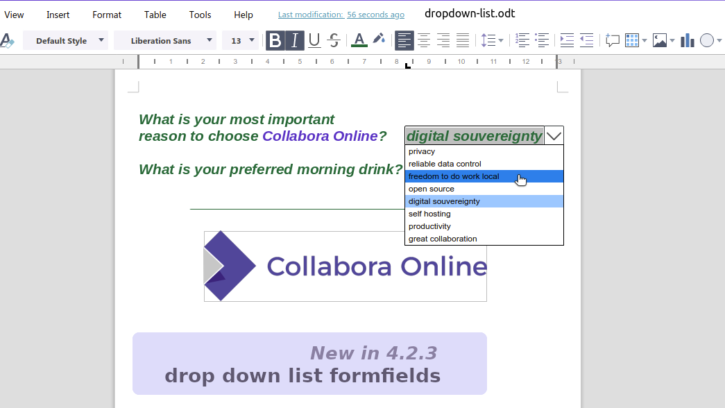 Drop down lists in Collabora Online