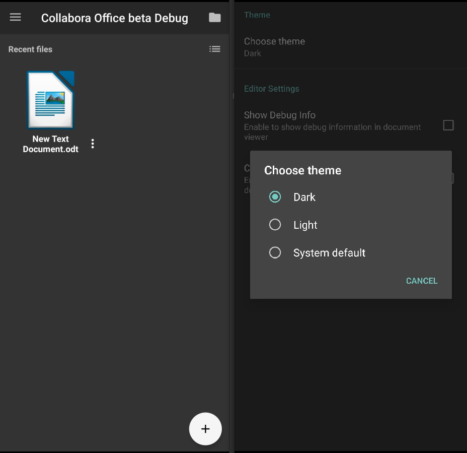 Screenshot of Collabora Office on Android with the new Dark Theme