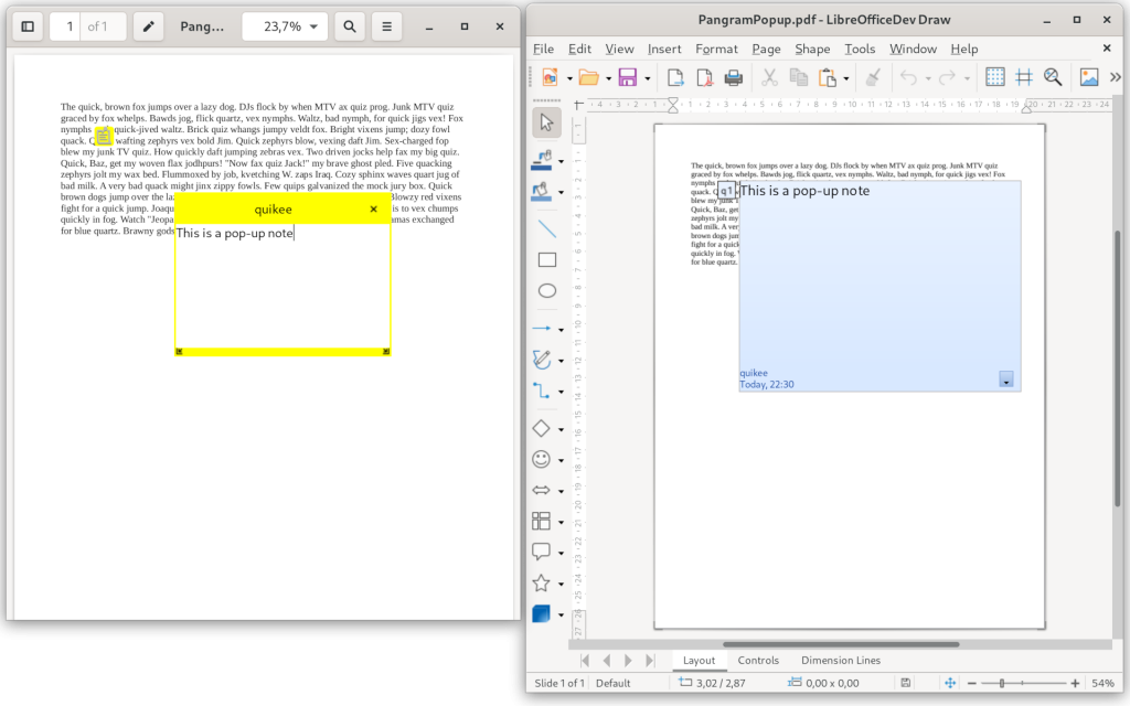 Screenshot: Pop-up Note annotation in PDF viewer (Evince) and Draw