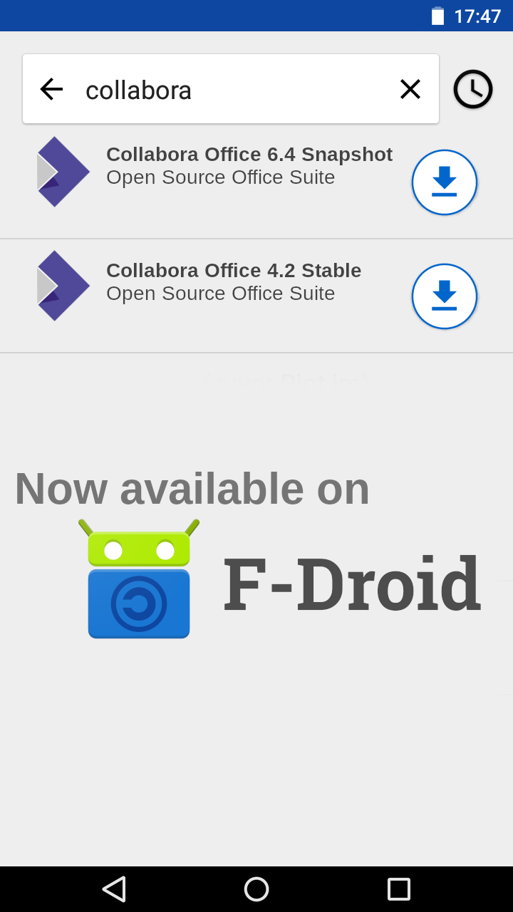 The search results for Collabora Office on F-Droid when our third party repo has been defined.